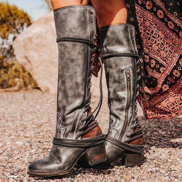 Freebird by Steven Coal Knee High Leather Lace Up Boots Distressed Boho Western - Picture 3 of 12